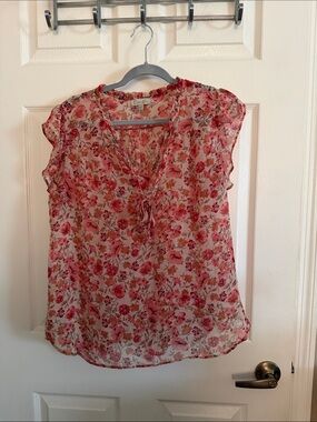 Chenault Pink Sheer Floral Tie-Neck Cap Sleeve Blouse